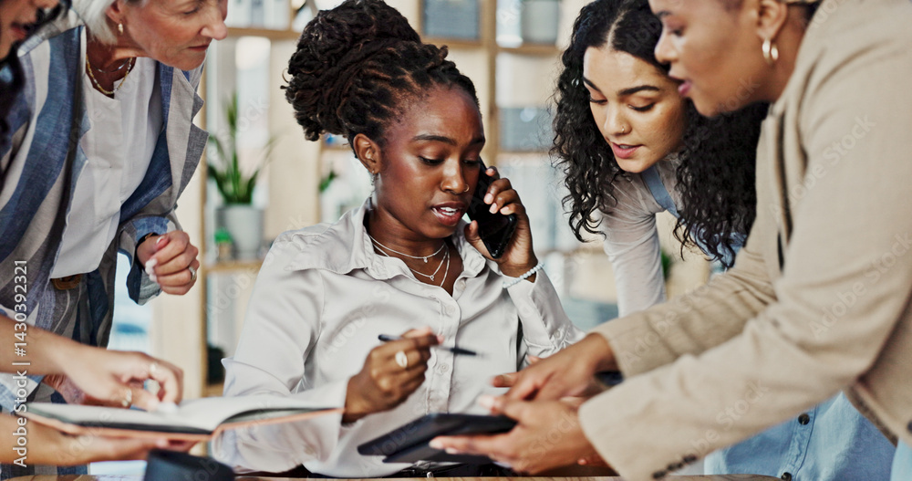 Poster management, multitask and phone call with business people in office for approval or communication. d