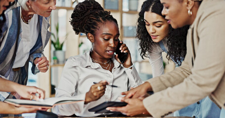 Management, multitask and phone call with business people in office for approval or communication. Documents, juggling and stress with employee team in workplace for administration or signature