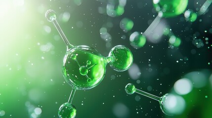 Abstract representation of green molecules in a dynamic, scientific environment.