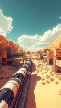 Hyperloop transit tube through futuristic desert town, minimal shadows