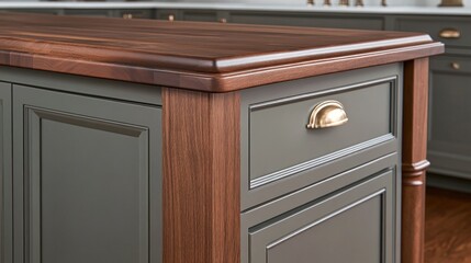 Fototapeta premium Close-up of a dark gray kitchen island with a walnut countertop.