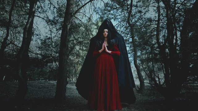 Fairy tale Gothic scared girl in the arms of death, monster ghost stands behind, scares touches hug victim in night dark foggy forest trees fog. Fantasy Woman red old style dress. Black hair sexy face