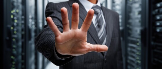 A business professional signals to stop in a server room, emphasizing security and authority in a tech environment.