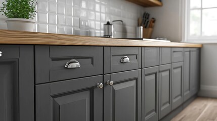 Modern gray kitchen cabinetry with light wood countertop.