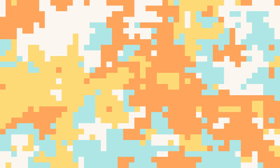 Abstract pixel art background.  Pastel orange, yellow, and blue hues create a vibrant, modern digital camouflage pattern. Ideal for website banners, social media, or textile designs.