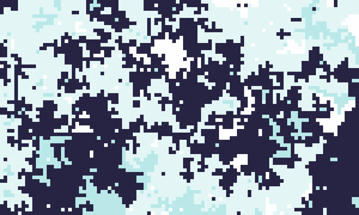 Abstract pixel art background.  Cool blue and dark navy digital camouflage pattern. Ideal for tech, gaming, fashion, or website design. Represents digital disruption or modern concealment.
