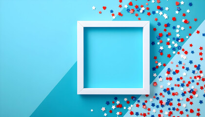 USA Patriotic Theme with Vibrant Red, White, and Blue Confetti on Light Blue Background, Featuring a White Square Frame, Perfect for Celebrations and Copyspace Designs