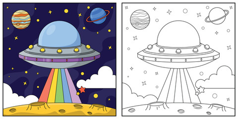 Ufo in space. Black and white vector illustration for coloring book.