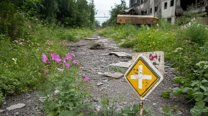 Warning signs and colorful flowers clash in an abandoned landmine zone reclaimed by nature