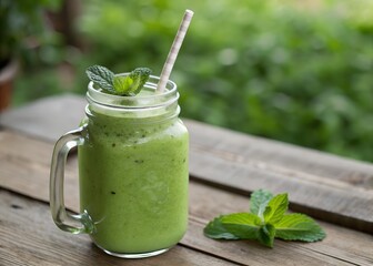 Green Smoothie in a Glass Jar with Handle, Straw Inserted, Mint Garnish on Top, Placed on a Wooden Surface, Blurred Green Background