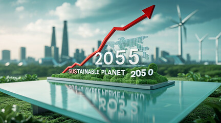 Fototapeta premium Business growth concept with an arrow chart pointing towards the sky and sea horizon, symbolizing market success and financial direction