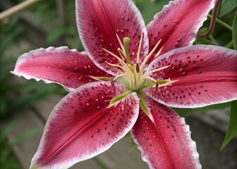 Fototapeta premium star-shaped crimson flower with scattered white flecks showcasing symmetrical petal arrangement and intricate center structure