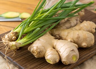 freshly harvested ginger with attached green shoots