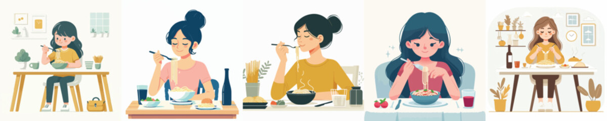 vector woman eating spaghetti at the table