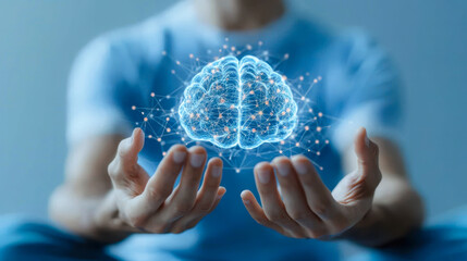 Digital brain hologram floating between hands symbolizing technology for mental health brain care meditation and cognitive calm