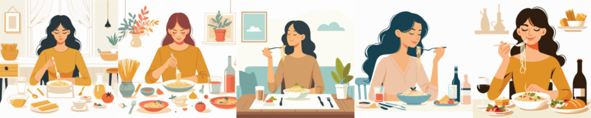 vector character woman eating pasta