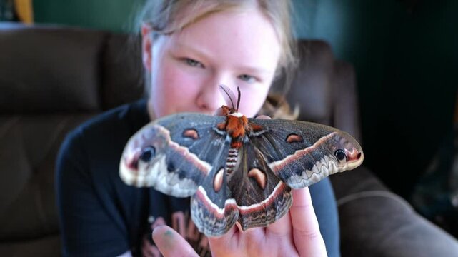 Teen Girl Holding Cecropia Moth on Hand and Looking at It