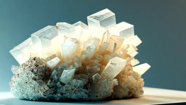 Cluster of translucent crystals on rock base.