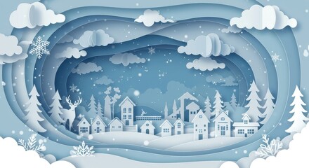 Winter village paper cut illustration design