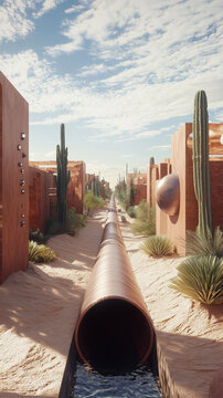 Hyperloop transit tube through futuristic desert town, minimal shadows