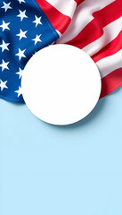 Fototapeta premium Patriotic USA Flag Design with Stars and Stripes on Light Blue Background, Featuring a Blank White Circular Copyspace, Ideal for Independence Day or Memorial Day Themes