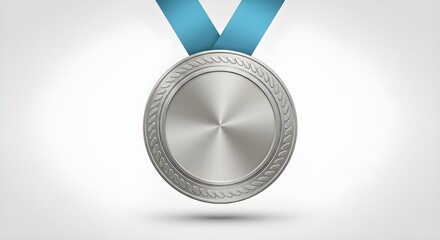 Silver Medal Award with Blue Ribbon Isolated on White Background for Achievement and Competition