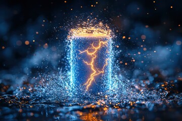 Fototapeta premium A glowing energy battery with dynamic lightning in a watery environment