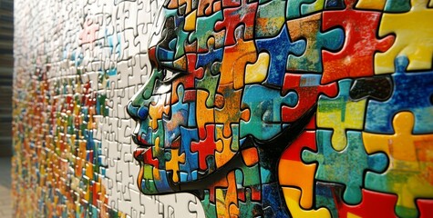 An abstract human head formed from multicolored puzzle pieces serves as a symbol for cognitive processes and the ability to solve problems creatively