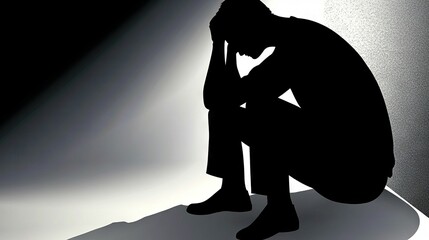 The silhouette of a forlorn man, seated alone next to a cold, rough concrete wall, conveys the anguish of addiction, be it to alcohol or drugs, and the debilitating effects of anxiety on mental