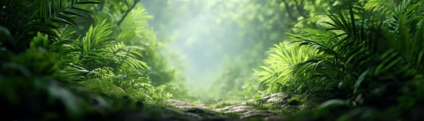Lush green foliage with soft sunlight filtering through a tranquil forest atmosphere.