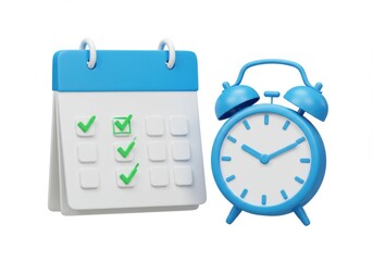 Calendar with check marks and a blue clock isolated on white background