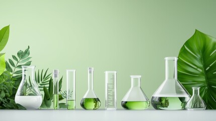 Colorful glassware with green liquid against a soft green backdrop and fresh leaves.