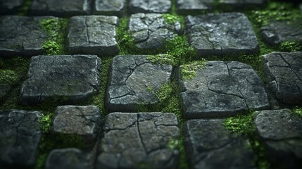 Dark Grey Cobblestone Path with Green Moss Texture