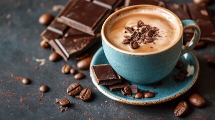 Fototapeta premium Delicious hot chocolate drink with dark chocolate shavings and coffee beans cup mug warm cozy food