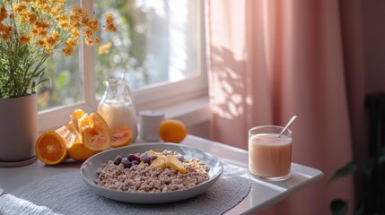 Sunlit Breakfast: Oatmeal with Oranges and Smoothie