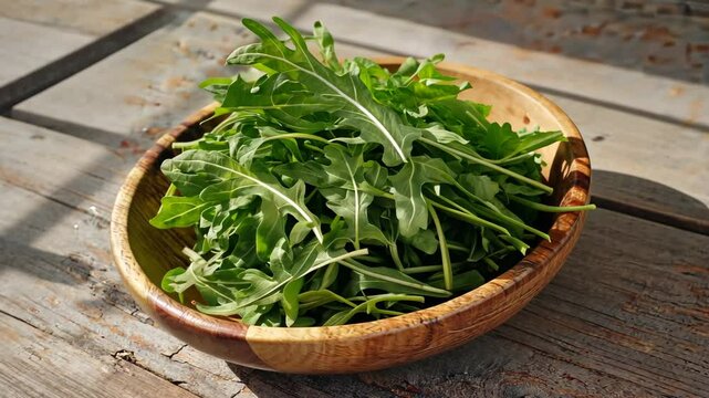 Lush green arugula is piled in a bowl on a rustic wooden table, creating a fresh and natural atmosphere perfect for healthy eating inspiration.