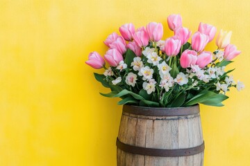 A vibrant bouquet of pink tulips in a rustic wooden barrel against a bright yellow background.
