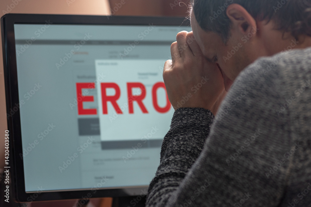 Poster Man using computer with application error message on screen. Man experiencing frustration as he looks at an error message on his computer screen, showcasing his emotional reaction