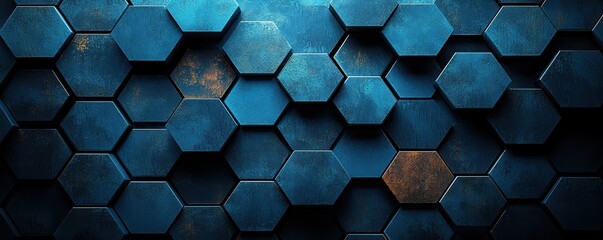 Abstract hexagonal geometric pattern with metallic blue gradient texture