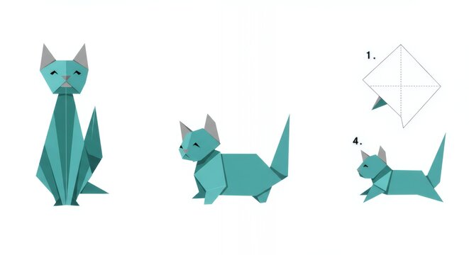 Step-by-step origami instructions for a teal-colored cat and kitten.