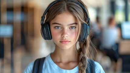 Girl listening music headphones school hallway