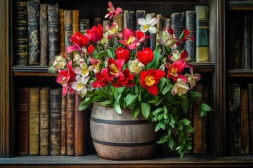 Fototapeta premium A vibrant bouquet of tulips and daffodils in a wooden barrel amidst antique books.