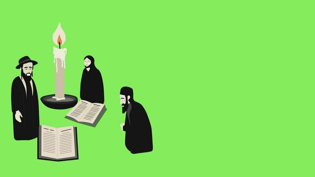 Animated Tisha B&rsquo;Av candlelight mourning scene with Orthodox Jewish figures and Torah scrolls Green Screen