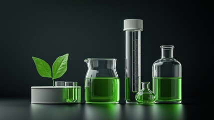 Tubes and flasks with vibrant green liquids and fresh leaves symbolize eco-friendly science.