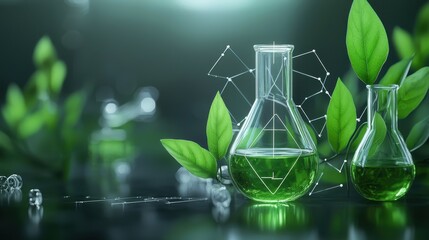 Glass laboratory flasks with green liquid surrounded by fresh green leaves.