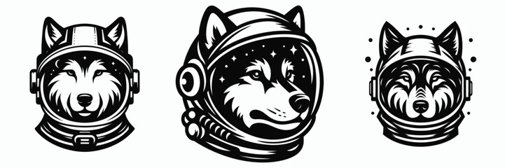 Obraz premium Wolf head with astronaut helmet. Space suit universe galaxy cartoon clipart. Canid face spaceman gear cosmic canine portrayal headwear.
