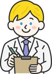 カルテに記入する、白人の男性医師（線画カラー）のイラスト