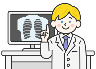 モニターを見せて、説明する白人の男性医師（線画カラー）のイラスト