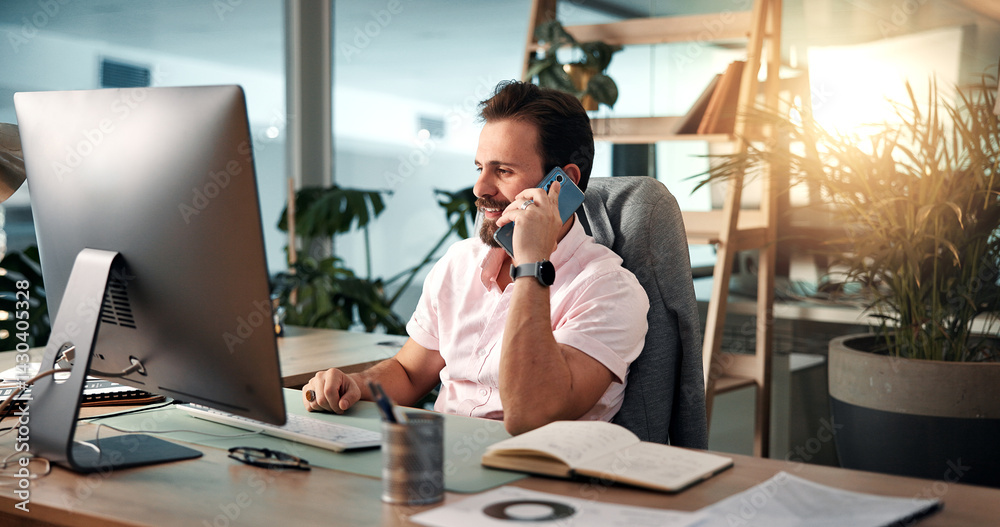 Poster phone call, computer and business man in office for virtual meeting, online discussion and communica