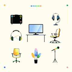 Set of different streaming equipment  watercolor icons. Flat images on white background. Vector illustration.